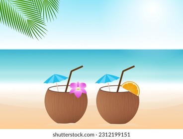 Zumo de coco o bebida acuática de coco, cóctel de coco en la playa. Ilustración vectorial.