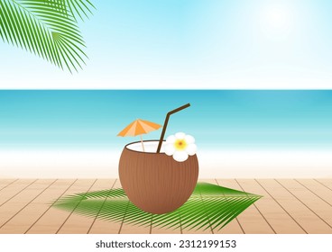 Coconut Juice or Coconut Water Drink, Coconut Cocktail on Beach. Vector Illustration.