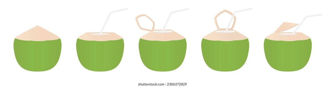 Coconut Juice or Coconut Water Drink, Fresh Green Coconut. Vector Illustration Isolated on White Background. 