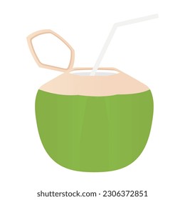 Coconut Juice or Coconut Water Drink, Fresh Green Coconut. Vector Illustration Isolated on White Background. 