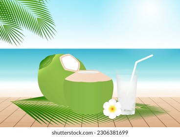 Coconut Juice or Coconut Water Drink on Beach. Vector Illustration.