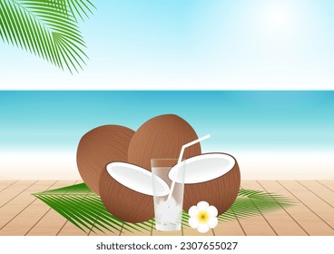 Coconut Juice or Coconut Water Drink on Beach. Vector Illustration.