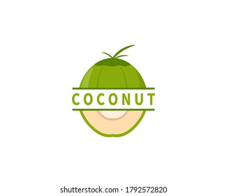 Coconut Label Between Coconut Slice Logo Concept. Vector Design Illustration. Symbol and Icon Vector Template.