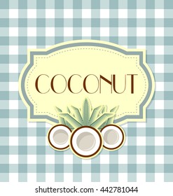 Coconut label in retro style on squared background