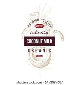 Coconut label with type design over hand drawn coconut. Vector illustration i retro style