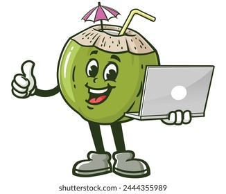 Coconut with laptop cartoon mascot illustration character vector clip art hand drawn