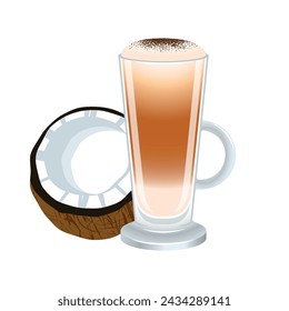 Coconut latte with froth milk vector illustration. Latte with coconut icon vector isolated on a white background. Coffee in a tall glass with a handle graphic design element