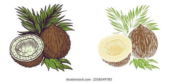 Coconut with leaf in hand draw style isolated on clean background. Color cartoon vector illustration.