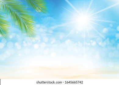 Hojas de coco y playa de arena sobre mar y cielo borrosos con luz solar y fondo abstracto de copia espacial .Ilustración vectorial