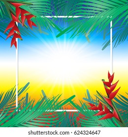 Coconut leaves, palm leaves and heliconia flowers decorated on white frame, Tropical summer time background. Vector illustration.
