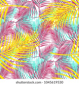Coconut leaves seamless background with trendy punchy pastels colors. Candy colorful bright for fashion, textile, and backdrop.