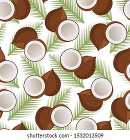 Coconut and leaves seamless pattern. Palm leaf, half and a whole nut in shelf. Vector illustration isolated on transparent background