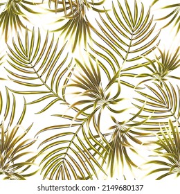 coconut leaves seamless pattern with tropical plants foliage on white background. nature leaf wallpaper. Hand drawn illustration with lemons. Template for print, textile, wallpaper cover. Summer 