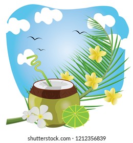 Coconut with leaves and sky in the background
