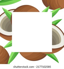 Coconut with leaves vector greeting card template. Cartoon style banner with coconut on a background. White card. 