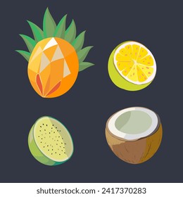 Coconut, lime and other tropical fruits, vector illustration.
