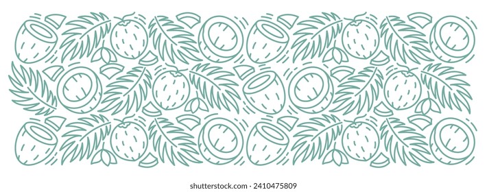 Coconut line rectangular background pattern. Palm leaves. Editable outline stroke. Vector line.