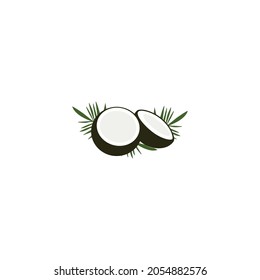 Coconut logo design; a design that combines a split coconut with palm leaves behind it so it looks fresh