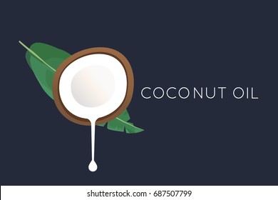 Coconut logo. Half of the coconut with flowing milk and a palm leaf. flat illustration