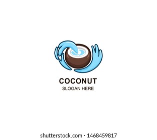 Coconut Logo Template vector icon design illustration. Nature product coconut emblem. Ripe coco and half coconut, leaves.