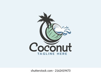 coconut logo with coconut tree and spilled coconut water