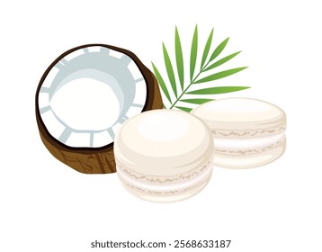 Coconut macarons icon set vector illustration. White french macaroons icon vector isolated on a white background. Macarons and fresh coconut drawing