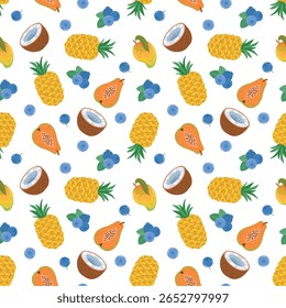 coco, mango, piña, arándano, papaya. Patrón sin fisuras de Vector en estilo plano sobre fondo blanco. Linda ilustración de comida, frutas tropicales