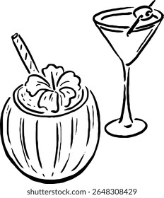 Coconut and Martini Drink Sketch for Cafe Poster or Branding