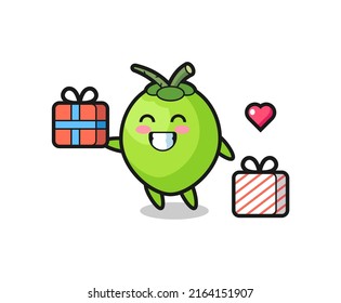 coconut mascot cartoon giving the gift , cute style design for t shirt, sticker, logo element
