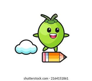 coconut mascot illustration riding on a giant pencil , cute style design for t shirt, sticker, logo element