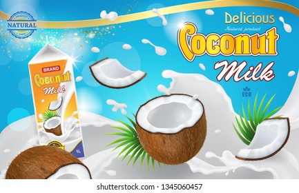 Coconut milk ads. White milk and coconuts floating in cream splash. 3d realistic vector.