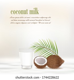 coconut milk advertising design. Realistic vector of coconut and a glass of coconut milk.