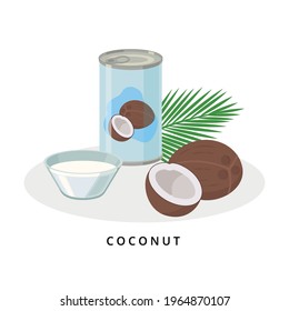 Coconut milk in can and bowl. Plant milk, vegan milk concept. Vector illustration isolated on white background. Alternative milk and ingredients. 