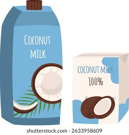 Coconut milk in cardboard package, fresh tropical drink, cartoon vector illustration. Organic vegetarian products. Healthy food, natural nutrition icon
