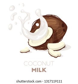 Coconut milk concept. Splash of beverage with kernels. Cartoon style. Vector illustration isolated on white background. Natural food.