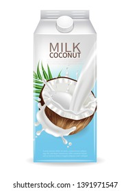 Coconut milk container Vector realistic mock up. Milk splash label design. Product packaging 3d detailed