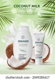 Coconut milk cosmetics, skin care cream and shampoo. Vector cosmetics poster, natural whole half coconut, tubes, palm leaves. Organic coconut beauty cosmetic product advertising, realistic 3d mockup
