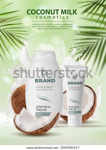 Coconut milk cosmetics, skin care cream and\
shampoo. Vector cosmetics poster, natural whole half coconut,\
tubes, palm leaves. Organic coconut beauty cosmetic product\
advertising, realistic 3d\
mockup