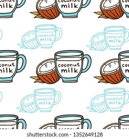 Coconut milk in a cup doodle vector seamless, pattern.