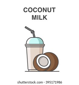 Coconut milk in a cup with straw vector illustration. Healthy fruit smoothie collection.
