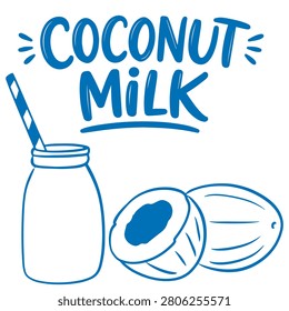 Coconut milk doodle bottle with drinking straw and fresh coconut illustration