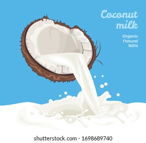 Coconut milk flow and splash. Milk is poured from half coconut. Stream of vegan nut drink isolated on blue background. Vector illustration of plant-based  beverage in cartoon flat style.