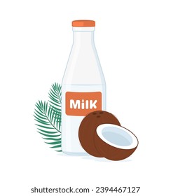 Coconut milk in glass bottle vector illustration