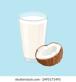 Coconut milk in glass. Vector cartoon flat illustration.
