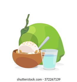 coconut milk ice cream in coconut shell with fresh coconut and coconut juice in a glass.