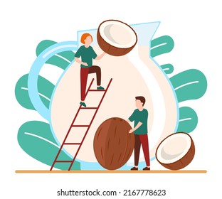 Coconut and coconut milk in jar. Coco milk production process. People are making. Vector illustration