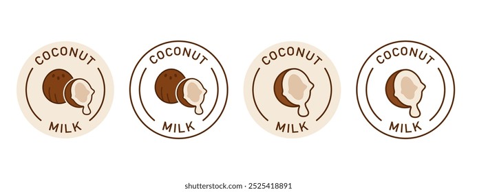 Coconut milk label vector design for packaging. Vegan milk sticker. Transparent background. Illustration, logo, stamp, tag, emblem, mark or seal.
