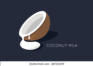 Coconut milk logo. Half of the coconut with flowing milk. isolated coco icon