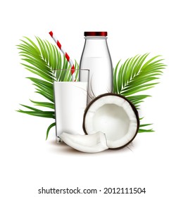 Coconut Milk Natural Drink And Palm Branch Vector. Fresh Coconut Dairy Beverage, Crashed Nut, Green Leaves And Glass Bottle. Coco Drinking Product Template Realistic 3d Illustration