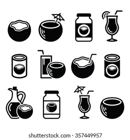 Coconut milk, oil, cocktail - vector icons set 